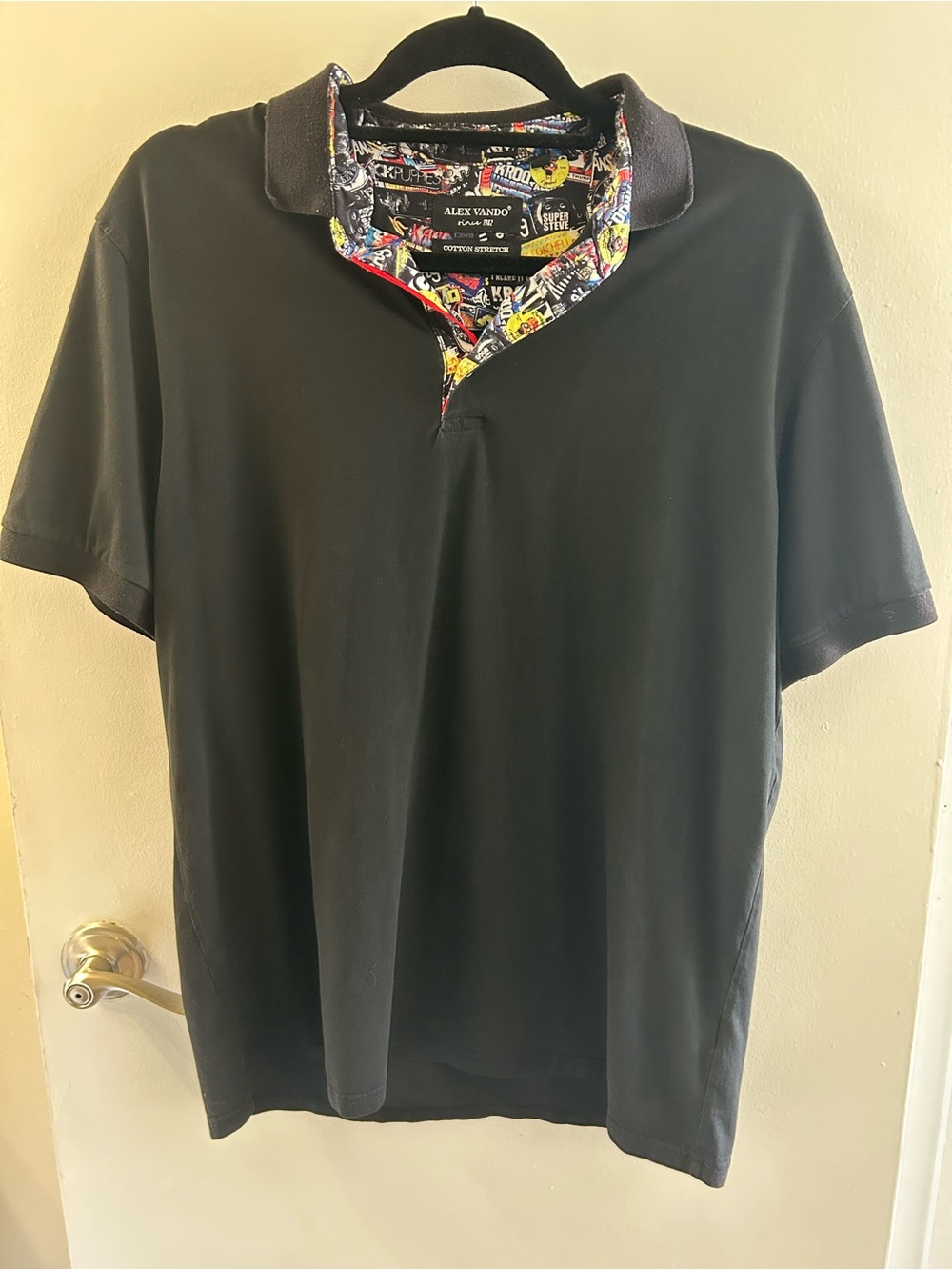 Alex Vando Black Polo with Multicolor Printed Collar